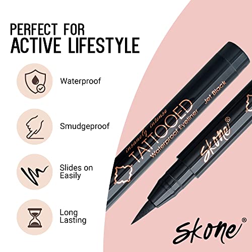 Skone Waterproof Liquid Eyeliner - Long Lasting & Smudge Proof - Insanely Intense Tattooed Eyeliner Pen with Felt Tip Applicator - Jet Black (0.07oz)