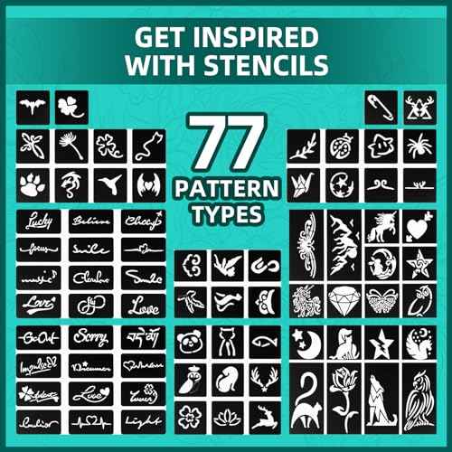 Temporary Tattoo Markers for Skin, 16-Count Body Markers+77 Large Tattoo Stencils of Assorted Colors for kids and Adults, Flexible Brush Tip, Bright colors, Skin-Safe*, Cosmetic-Grade.
