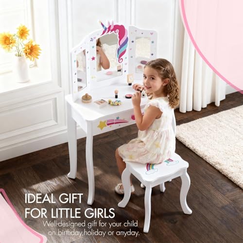 Kids Vanity Set with Unicorn and Rainbow Theme - Includes Mirror & Drawer - Gift for Girls