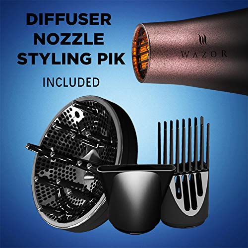 Professional Ionic Hair Dryer Set - 3 Piece Tourmaline Ceramic Blow Dryer with Diffuser & Nozzle - Black