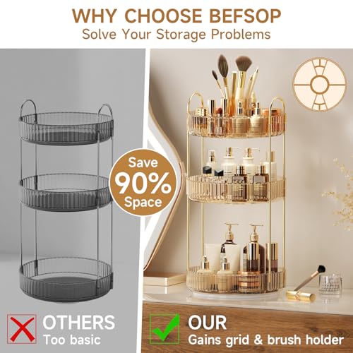 360¡Æ Rotating Makeup Organizer, Upgraded 3 Tier Skincare Perfume Organizers for Women, Bathroom Organizer Countertop, Clear Cosmetic Dresser Organizer with Makeup Brush Holder, Sink&Counter(Amber)