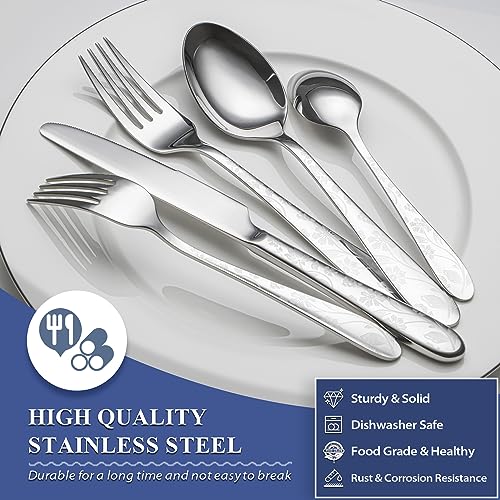 Silverware Set for 8 - Silver Daisy Pattern Stainless Steel Flatware, Modern Kitchen Utensils
