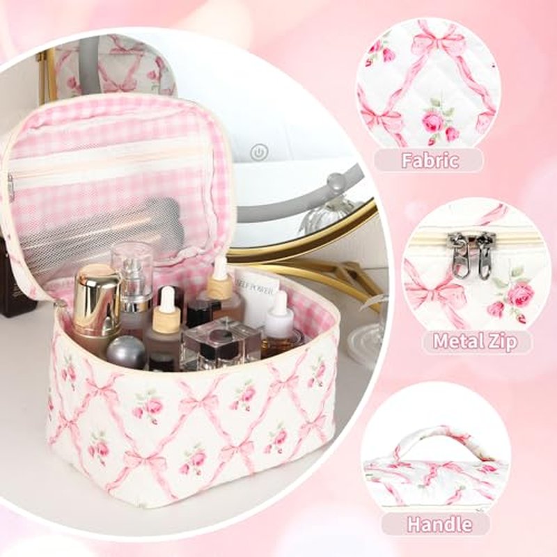 3Pcs Makeup Bag Set,Quilted makeup bag,Floral Cosmetic Bag for Women, Cute Cotton Cosmetic Bag, Wide-open Easy to Take, Flower Toiletry Organizer Bag