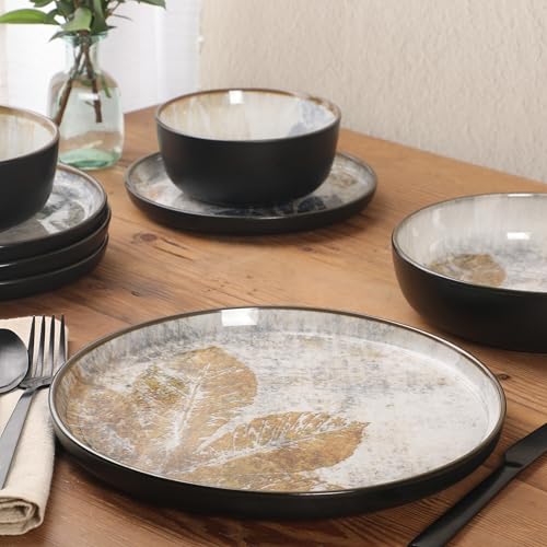 Multicolor Leaf Design Ceramic Dinnerware Set for 4 - 16 Pieces, Microwave & Dishwasher Safe