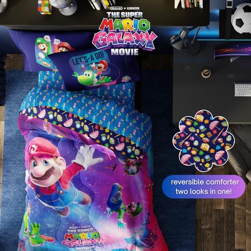 Super Mario Galaxy Movie Bedding Set - Twin Reversible Comforter & Sheet Set, Kids Officially Licensed