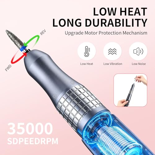 Brushless Nail Drill with UV Light, 35,000 RPM Electric Nail File for Acrylic Gel Dip Powder Nail Tool, Portable Rechargeable Manicure Pedicure Kit, Rose Gold