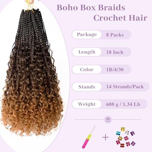 Boho Box Braids Crochet Hair 18 Inch with Curly Ends - Pre Looped Synthetic Hair for Black Women - Variation 1B/4/30
