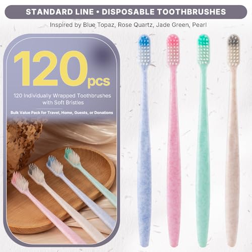 Bulk Disposable Toothbrushes 120 Pack - Individually Wrapped, Soft Bristles, Travel-Size - Variation of THIS listing 1 Count Pack of 120