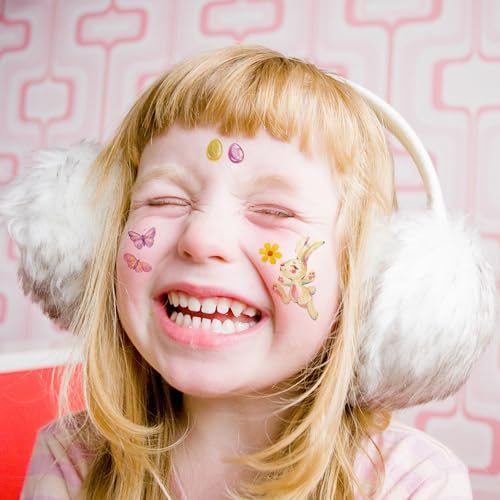 Glitter Easter Bunny Temporary Tattoos for Kids Easter Eggs Flower Decoration Stickers Happy Easter Basket Stuffers 12 Sheets, Children Rabbit Birthday Party Favors Class Rewards