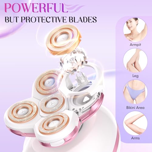 Electric Razors for Women Legs - Painless Body Shavers for Sensitive Skin - 5 in 1 Cordless Lady Trimmer for Women's Leg, Bikini and Face - Waterproof Wet/Dry Remover, Rechargeable, Cherry