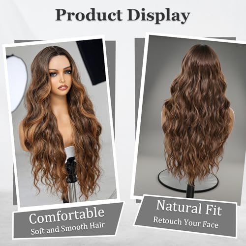 Highlight Brown Wavy Wig for Women 26 Inch Middle Part - Long Synthetic Hair - Highlight Brown / 26 Inch