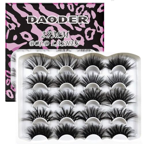 DAODER False Eyelashes 25MM Mink Lashes Dramatic Look Fluff Long Fake Eyelashes Wispy 25mm False Lashes Strip 10 Variety Pairs Mixed for Halloween Bold Makeup