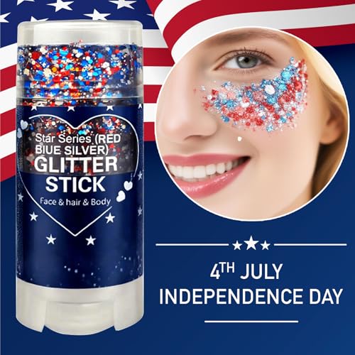 Patriotic Red White and Blue Body Glitter Stick, 4th of July Outfits for Women Kids, 4th of July Accessories,Hair Body Face Glitter Makeup, USA Flag Chunky Sequins Glitter for Independence Day