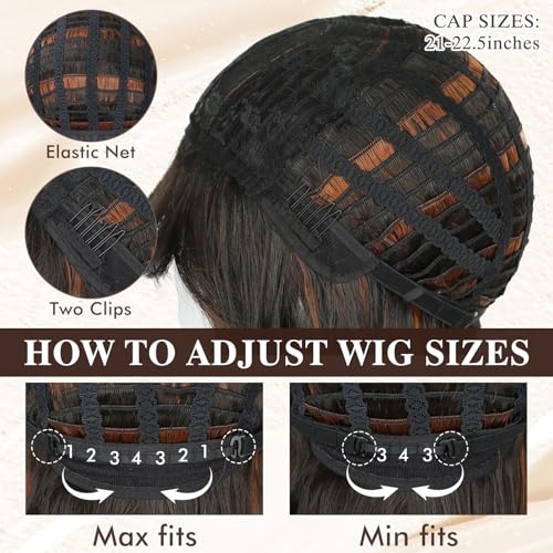 Brown Highlight Wavy Wig for Women 20 Inch Natural Curly Long Hair with Bangs - NOVFLKW