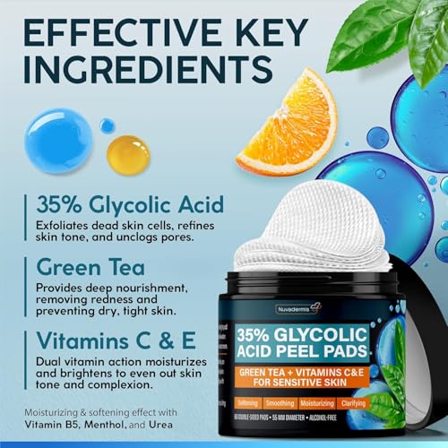 NUVADERMIS 35% Glycolic Acid Peel Pads ? Exfoliating Facial Resurfacing for Blackheads, Dark Spots, and Acne ? Safe for Sensitive Skin ? 60 Double-Sided Pads - 2 Pack