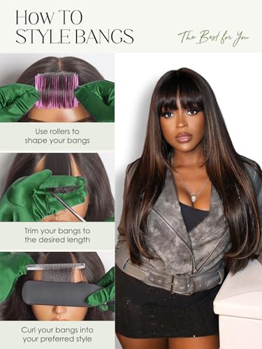 Highlight Brown Long Straight Layered Wig with Bangs - Synthetic Hair, Heat-Resistant, Natural Look