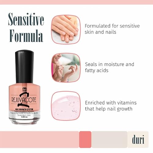 Duri Rejuvacote 2 Nail Growth System Sensitive Formula - Nail Hardener and Strengthener for Brittle, Breaking, Splitting Nail Repair - 0.45 Fl Oz (Pack of 3)