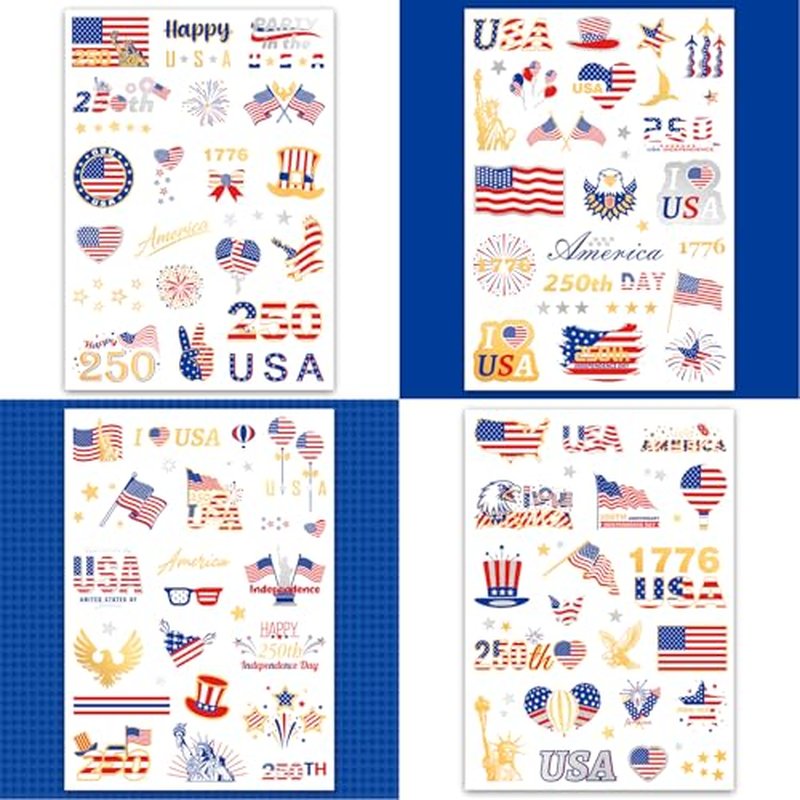 250 Anniversary 4th Of July Temporary Tattoos, USA, America Flag, Patriotic, Independence Day, July 4th Anniversary, Red White Blue Accessories Decorations For Party 4 Sheets