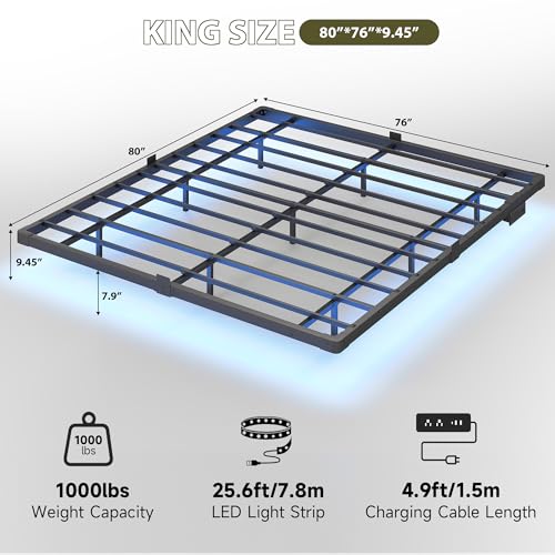 Black King Size Floating Bed Frame with LED Lights & Charging Station - Modern Levitating Platform Bed