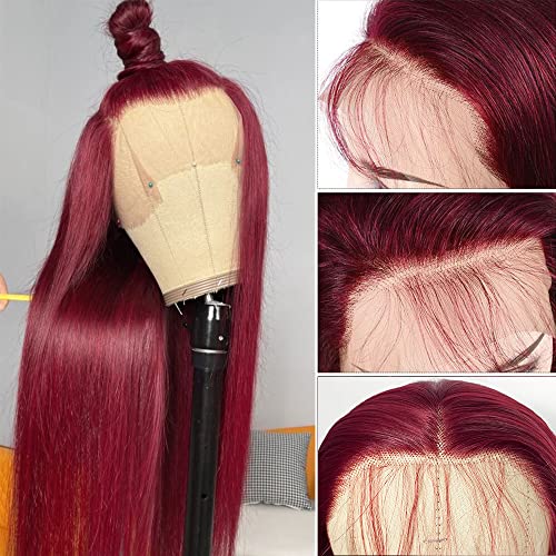 QMSSR Burgundy Red Lace Front Wig Long Straight Synthetic 13x3 Heat-Resistant Fiber for Women