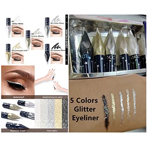 Go Ho Glitter Liquid Eyeliner Colorful Set,5 Colors Metallic Shimmer White Black Silver Gold Diamond Eyeliner,Glitter Eye Liner Sticks,Waterproof Long Lasting Sparkle Eye Makeup