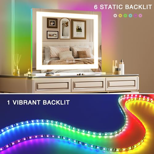 Hansong RGB Vanity Mirror with Lights 23¡± X 18¡± Makeup Mirror with Front Light and RGB Backlit Lighted Vanity Mirror with 3 Color Lighting Dimmable Tempered Glass 10x Magnification and Wall-Mounted