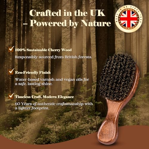 Boar Bristle Hair Brush Since 1965 British Craftsmanship, Handmade Natural Wooden Mini Hairbrush/Beard Brush, Pure Soft Bristles Gentle Detangling Women Men Kids Thin Fine Hair, Smooth & Shine