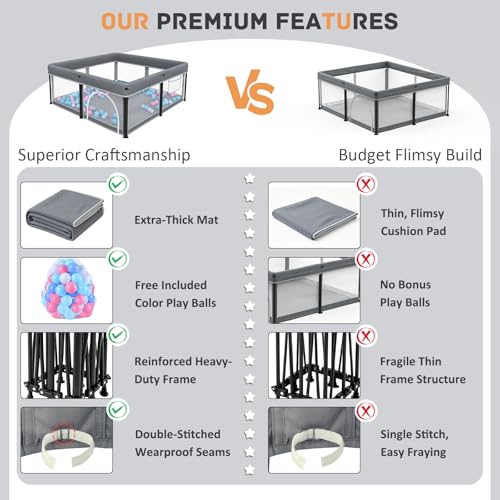 Grey Foldable Baby Playpen with Mat - 50x50 Inch Portable Toddler Play Yard