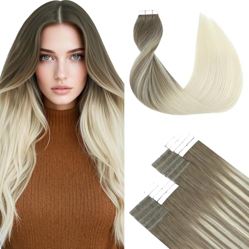 SURNEL 20 Inch Tape-in Hair Extensions #8T60 Ash Brown to Platinum Blonde 20pcs 50g