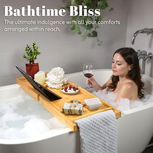 HOME IT Premium Foldable Bathtub Caddy Tray - Adjustable, Waterproof Bamboo