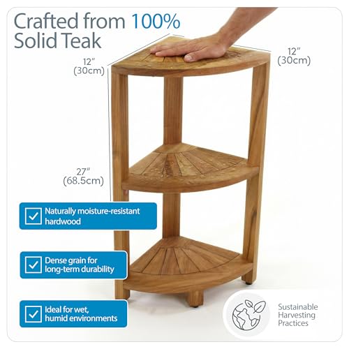 12-Inch Teak Corner Shower Shelf Stand with 3 Tiers - Waterproof Bathroom Organizer