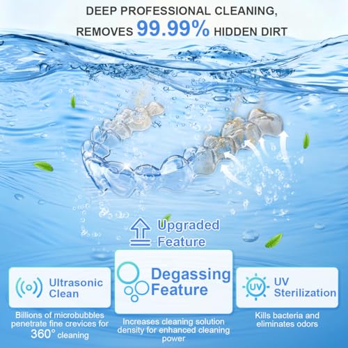Ultrasonic Retainer Cleaner Machine Black 48kHz with UV & 4 Modes for Dentures, Mouth Guards & Jewelry