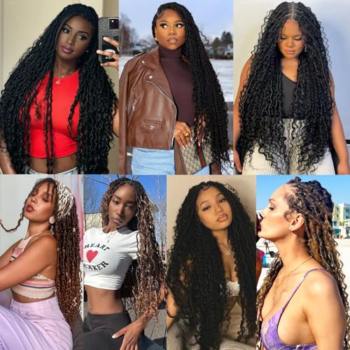 ZRQ 30 Inch Boho Faux Locs Crochet Hair - 9 Packs #1B, Natural Synthetic Goddess Locs