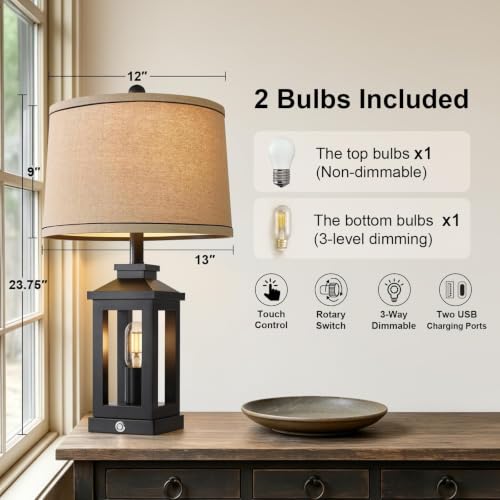 Retro Farmhouse Black Table Lamp for Living Room & Bedroom - 23.75 Inch