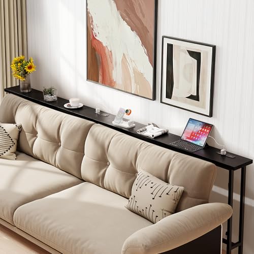 Black 102-Inch Sofa Table with Built-In Power Strip – Modern Narrow Couch Console