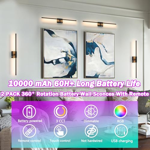 Black Wireless Wall Sconce Set of 2 with 10000mAh Battery & Remote - RGB Color, Dimmable, 70H Runtime