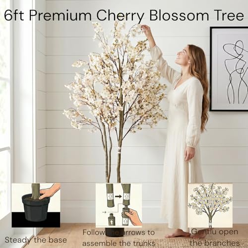 White Artificial Cherry Blossom Tree with Lights - 6ft Indoor Decor - Faux Sakura Tree for Living Room & Events