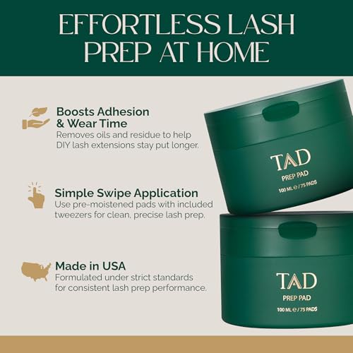 TAD Beauty Prep Pad - DIY Lash Prep Wipes to Clean and Prime Natural Lashes Before Extensions - Disposable Single Use Eyelash Pads with Tweezers - 75 Count for At Home Lash Application Professional