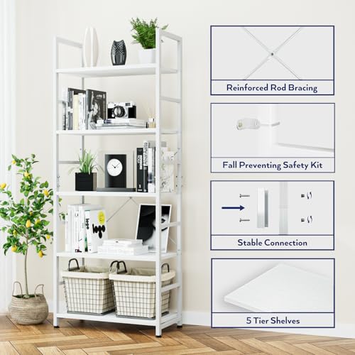 NUMENN White 5-Tier Tall Freestanding Bookcase - Modern Open Storage Shelf