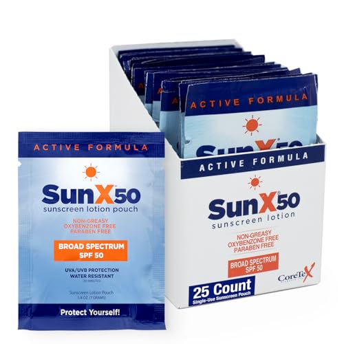 CoreTex Sun X 50 SPF Broad Spectrum Sunscreen Packets - Pack of 25 Paraben, Oxybenzone, Octinoxate, & Oil Free Sunscreen - No White Cast and Water Resistant Up to 80 Minutes