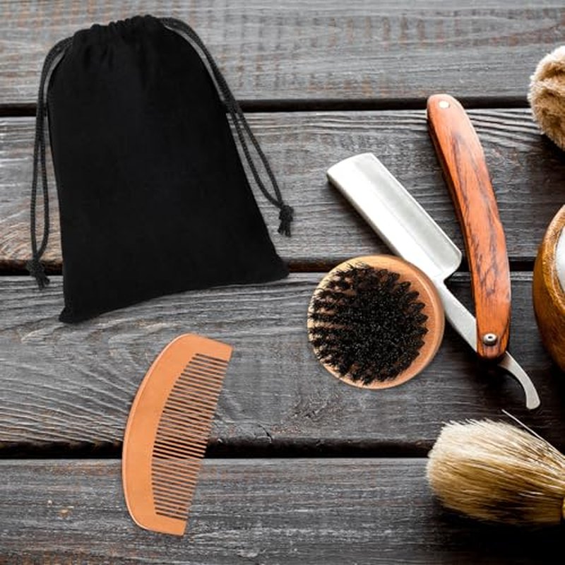 10 Sets Men's Beard Grooming Kit: Natural Boar Bristle Brush, Pear Wood Dual-Sided Wide Tooth Comb, Travel Pouch - Perfect Valentine Gift (Circle)