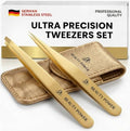 Gold Tweezers Set with Case - Professional Slant & Point Precision Tweezers for Eyebrows & Facial Grooming - Matte Gold Variation