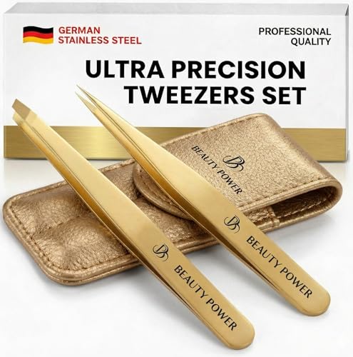 Gold Tweezers Set with Case - Professional Slant & Point Precision Tweezers for Eyebrows & Facial Grooming - Matte Gold Variation