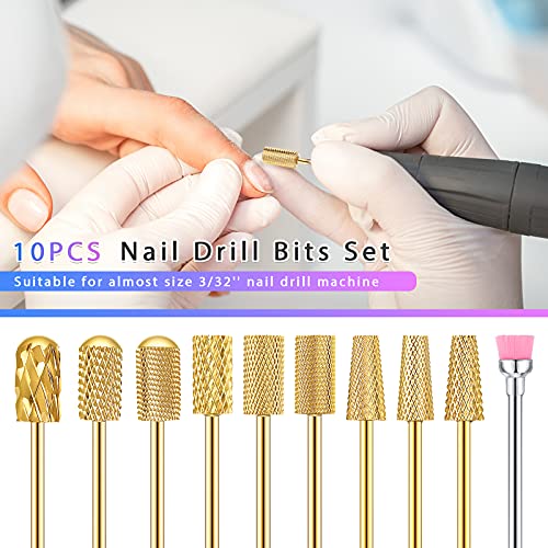 Honoson 10 Pcs Gold Nail Drill Bits Set - Tungsten Carbide Nail Tool
