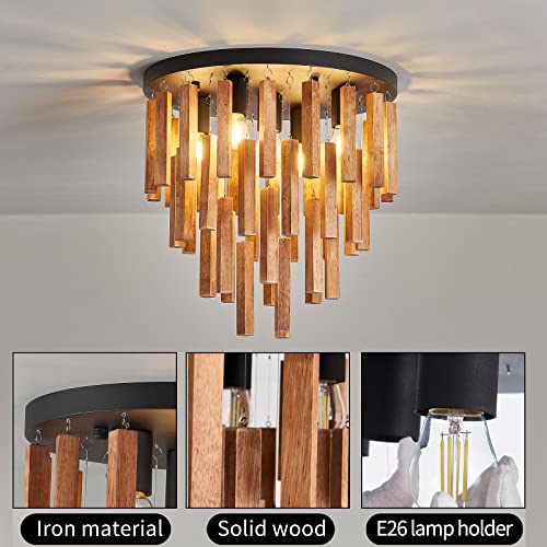 5-Light Semi Flush Mount Ceiling Light Fixture Rustic Wood Black Farmhouse Chandelier