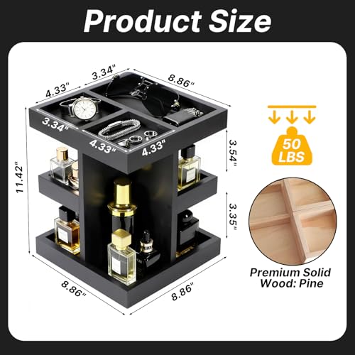 Wooden Cologne Organizer for Men,3 Tier Large Capacity Perfume Shelf with Rotate,Cologne Stand for Desk & Nightstand Organizer,Cologne Shelf Organizer for Mens Gift(Black)
