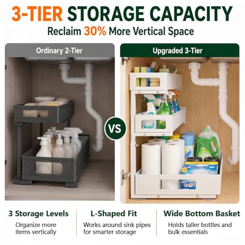 VYPIOAY 3-Tier Under Sink Organizer White 2 Pack - Pull Out Bathroom Cabinet Storage
