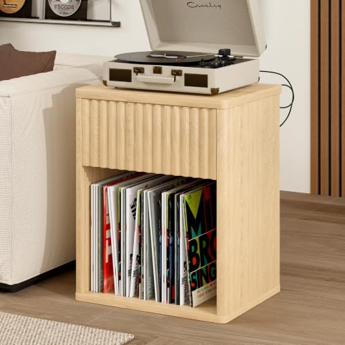 Oak Fluted Nightstands Set of 2 with Charging Station - Mid Century Modern Bedside Tables
