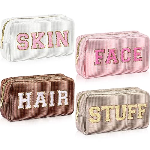 4 Pcs Travel Toiletry Bags for Women Preppy Makeup Bags Organizer Face Skin Hair Stuff Chenille Letter Pouch with Zipper Aesthetic Corduroy Skin care Hair Bag for Women Gifts