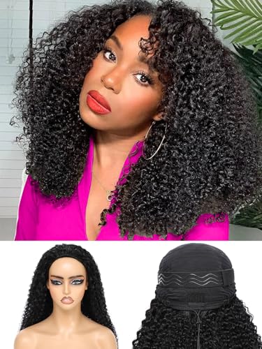 Natural Black 16 Inch Kinky Curly Half Wig Human Hair 3-in-1 Glueless Flip Over Style